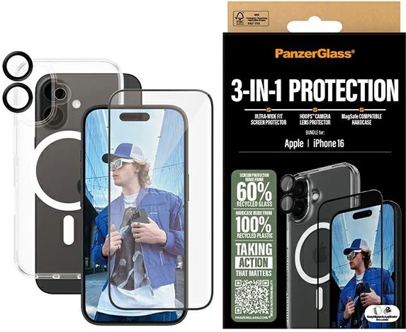 Mbështjellës PanzerGlass 3in1 për iPhone 16 6.1", hardcase transparent + mbrojtës ekrani + mbrojtës lente
