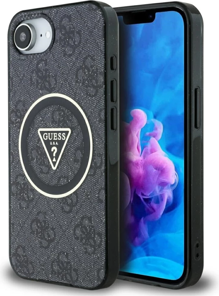 Mbështjellës Guess IML Metal Glitter 4G Circle Triangle MagSafe për iPhone 16e, i zi