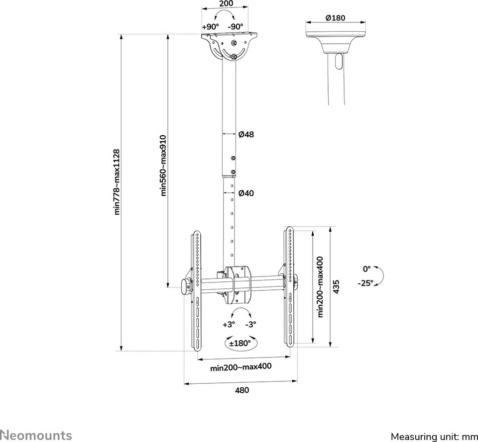Mbajtës tavani për monitor/TV Newstar NM-C440BLACK, 32-60 inç, rregullim lartësie, 50 kg, e zezë