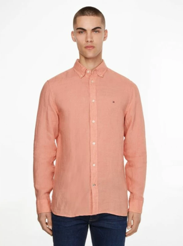 Këmishë Lineni Tommy Hilfiger për Meshkuj, e Ngjyrosur me Pigment, Rozë