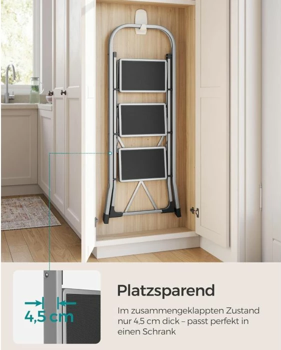 shkallë palosëse 3-shkallëshe SONGMICS GSL003GY01, çelik, kapacitet 150 kg, me dorezë, gri/zi