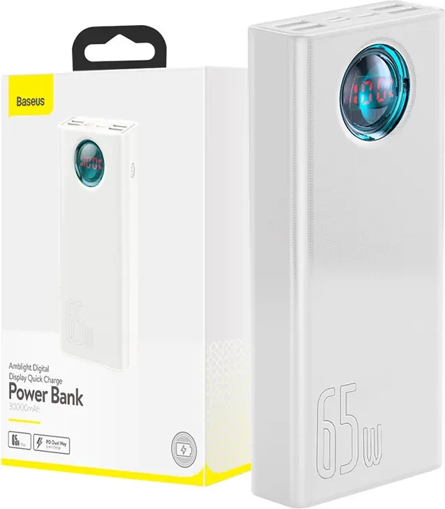 Powerbank Baseus Amblight 30000mAh, 65W, 4xUSB, USB-C, e bardhë