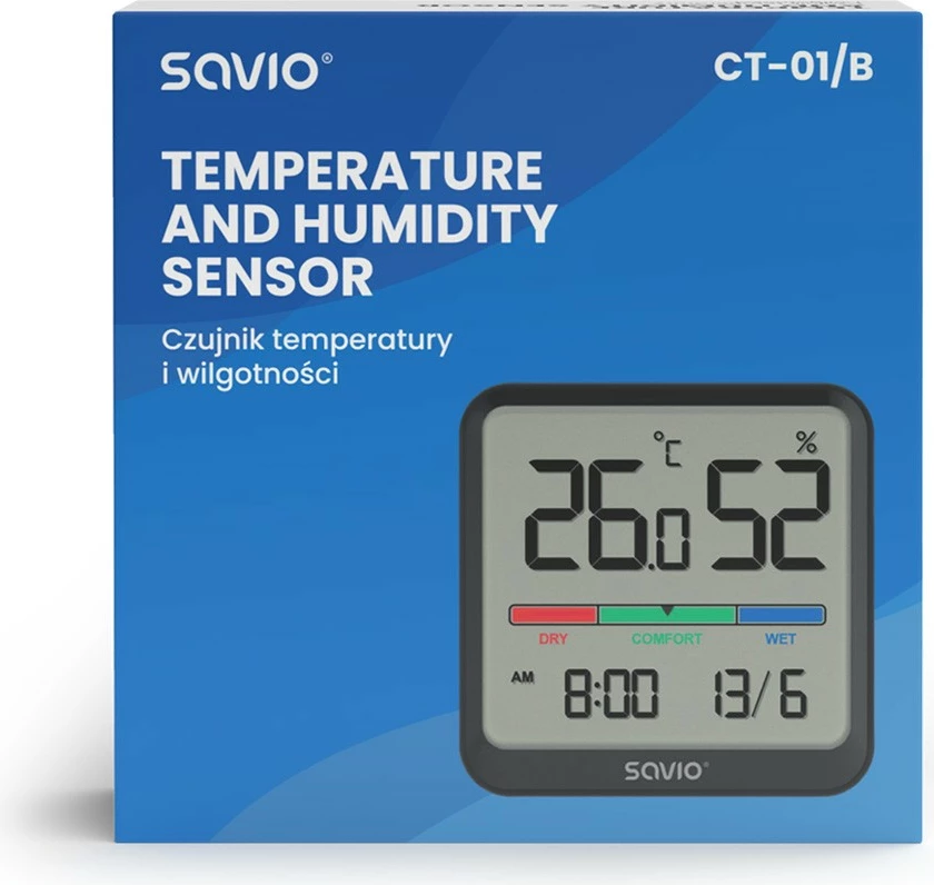Sensor temperature dhe lagështie Savio CT-01/B, me ekran LCD, orë, datë, magnet, i zi