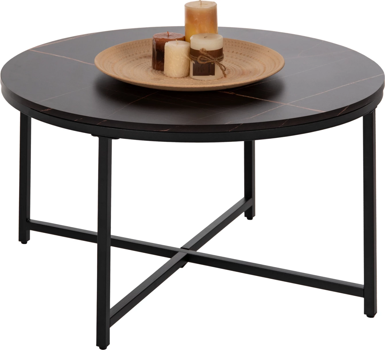 Tavolinë kafeje, melaminë ngjyrë mermeri të zi, këmbë metalike të zeza, FH9420.03, Φ80x48.5H cm