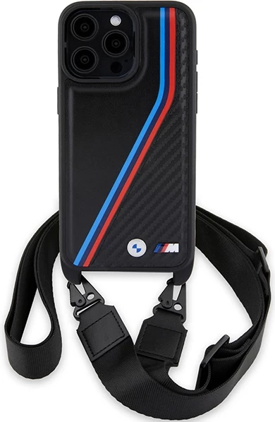 Mbështjellës BMW M Edition Carbon Tricolor Lines & Strap për iPhone 15 Pro Max, i zi