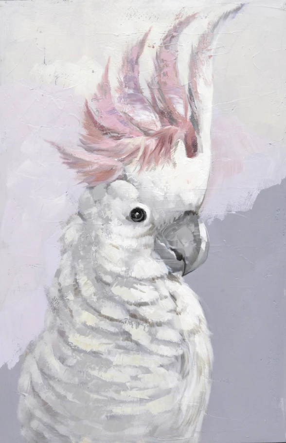 Pikturë dekorative me kakadu, kanavacë, ngjyrë e bardhë, gri, rozë, 60x90x3cm