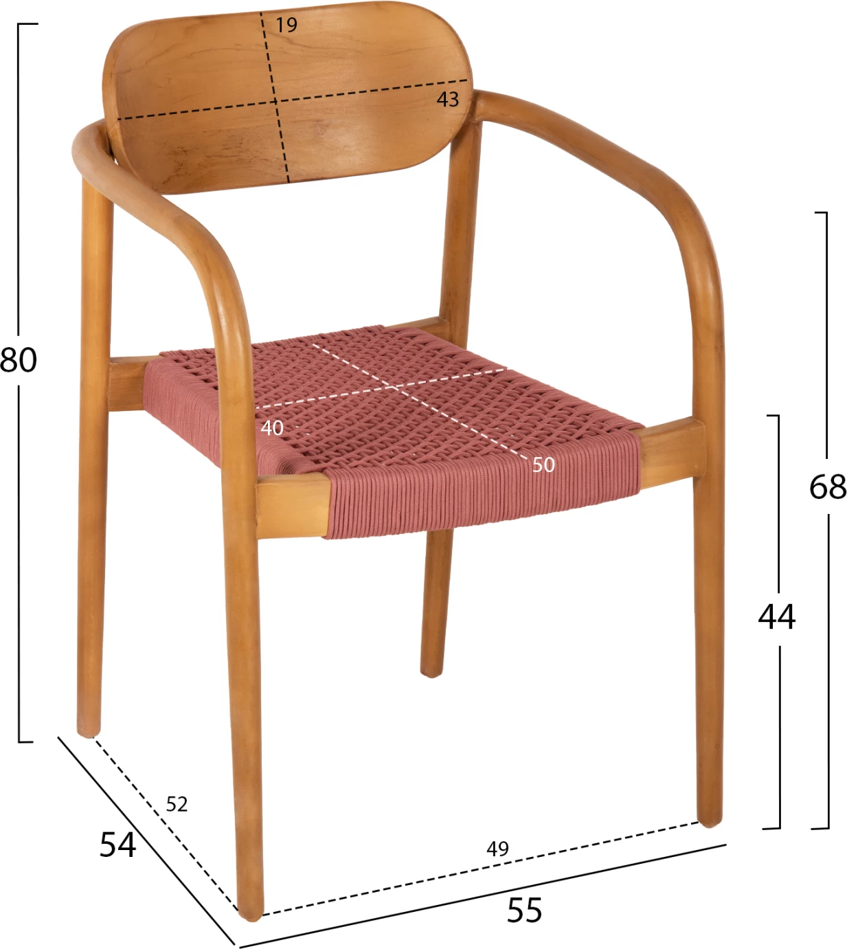 Karrige me krahë OSLO FH9636.06 dru tik natyral dhe litar rozë 55x54x80H cm
