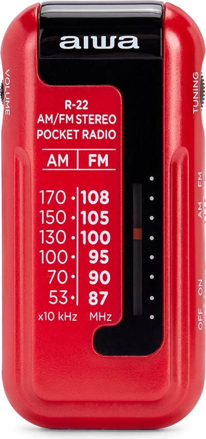 Radio xhepi AM/FM, Aiwa R-22, HyperBASS, tunim analog ETS, me kufje in-ear, e kuqe, set me bateri AAA