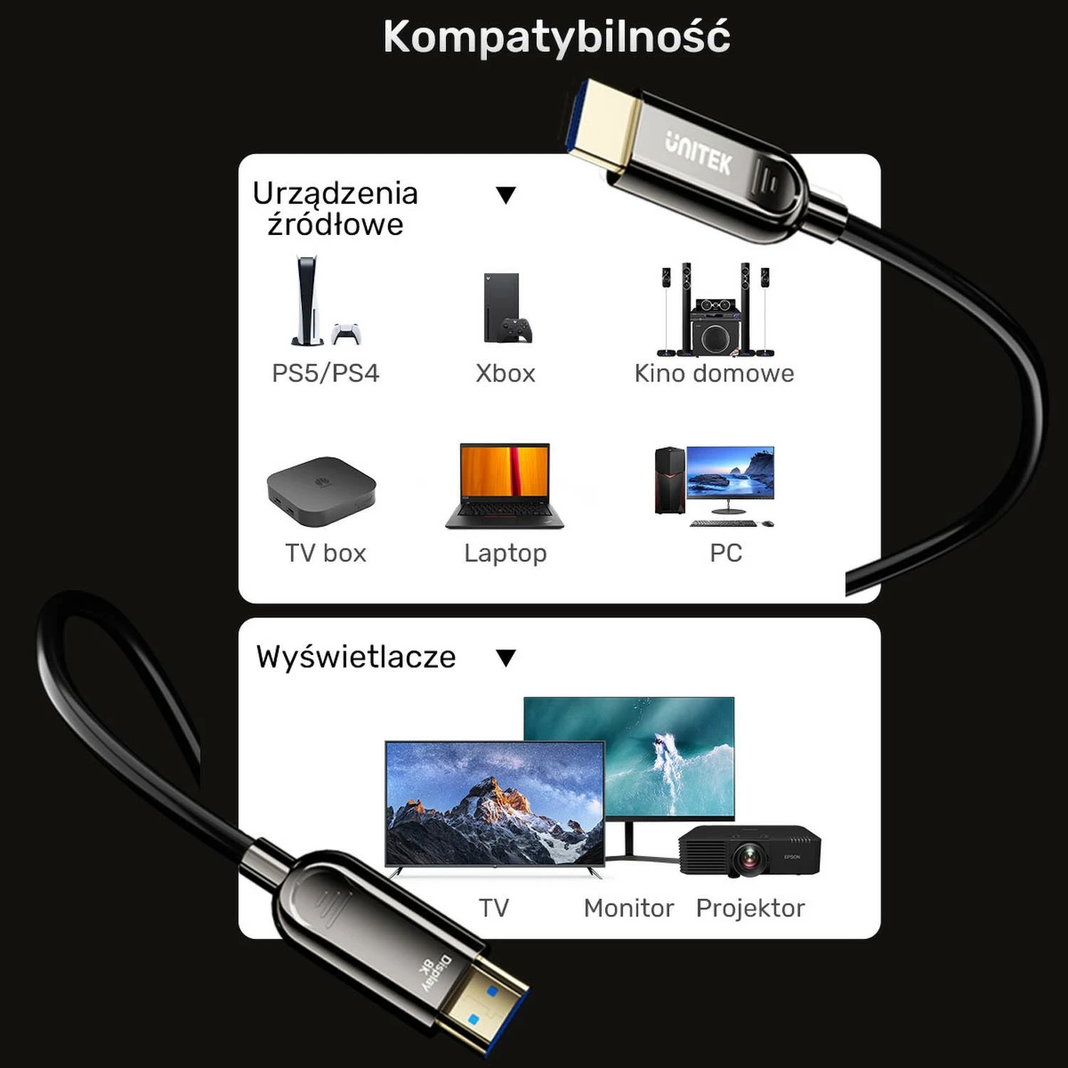 Kabëll optik HDMI Unitek 2.1 AOC 8K 120Hz 60m, zi-argjendtë