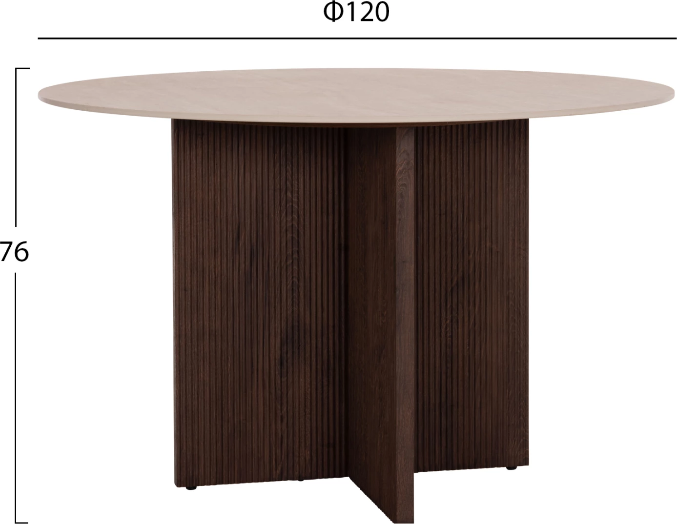 Tavolinë e rrumbullakët për ngrënie, sipërfaqe qeramike, pamje guri travertin, 120x76cm