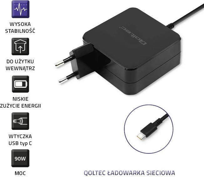 Kasë karikimi Qoltec 51741, 90W, 20.3V, 4.5A, USB-C, e zezë