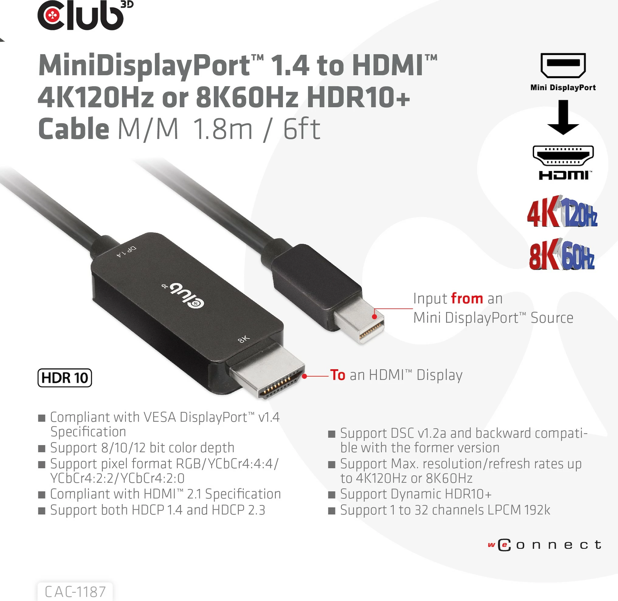 Kabllo Club3D Mini DisplayPort në HDMI 1.8m 8K60Hz e zezë