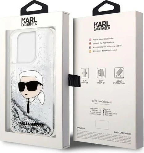 Mbështjellës Karl Lagerfeld Glitter Karl's Head për iPhone 14 Pro Max, argjendtë