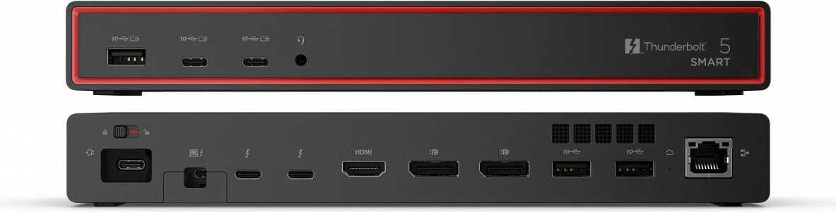 Stacion dokimi Lenovo ThinkPad Thunderbolt 5 Smart Dock 7500 40BA0265EU, TB5 120 Gb/s, deri 3x 8K 60 Hz + 1x 4K 60 Hz, PD 180 W, porta HDMI/DP/USB-C/USB-A/RJ-45/audio, me furnizues 265 W dhe kabllo TB5 1 m, e zezë