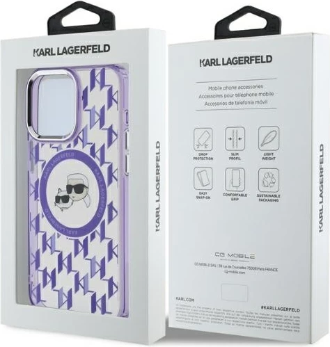 Mbështjellës Karl Lagerfeld IML Monogram Karl & Choupette Head MagSafe për iPhone 15 Pro, vjollcë