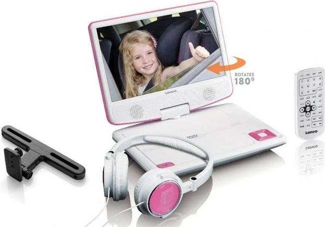 DVD Player portativ Lenco DVP-910, 9 inç, USB, me mbajtëse për makinë, rozë/bardhë