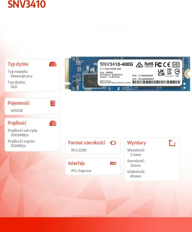 SSD NVMe M.2 Synology SNV3410-400G, 400GB
