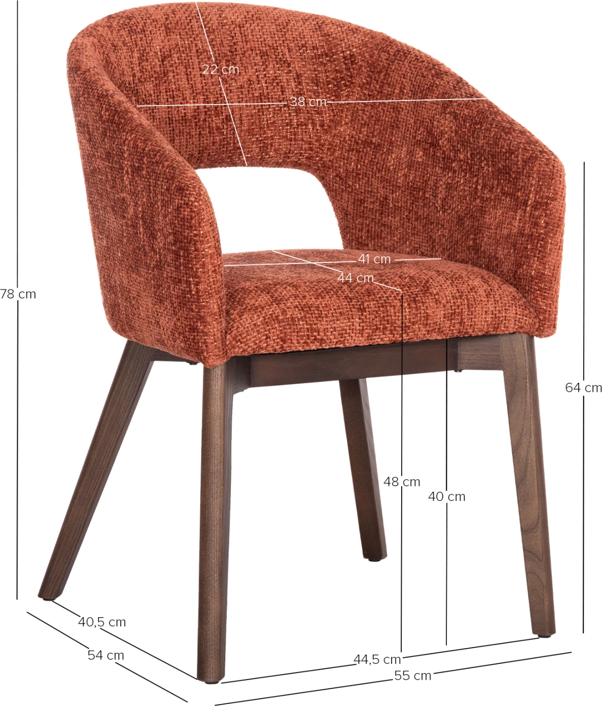 Karrige ngrënieje Empire, stof portokalli, këmbë dru ahu, ngjyrë arre, 55x54x78cm