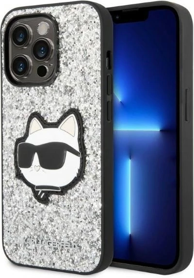 Mbështjellës Karl Lagerfeld Glitter Choupette për iPhone 14 Pro Max 6.7", argjendtë