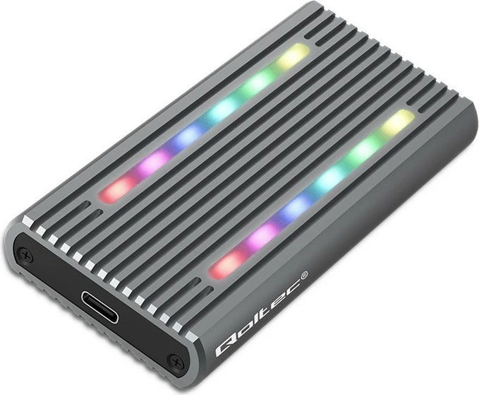 Kasë Qoltec 52272 për SSD M.2 NVMe/SATA, USB-C, 4TB, Gri me RGB LED