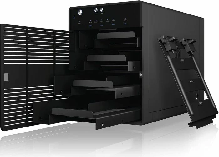 Kasë e jashtme 4-bay për HDD/SSD ICYBOX IB-3740-C31, USB-C USB 3.2 Gen 2 10Gbps, SATA 2.5\u201d/3.5\u201d, SINGLE/JBOD, me ventilator 80mm, e zezë, set