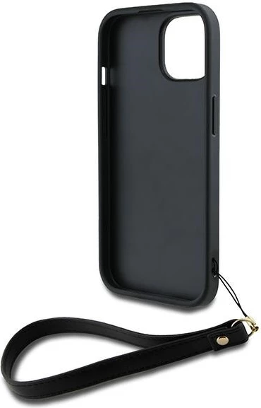 Mbështjellës DKNY Wrist Strap Stock Logo për iPhone 15 Plus, i zi