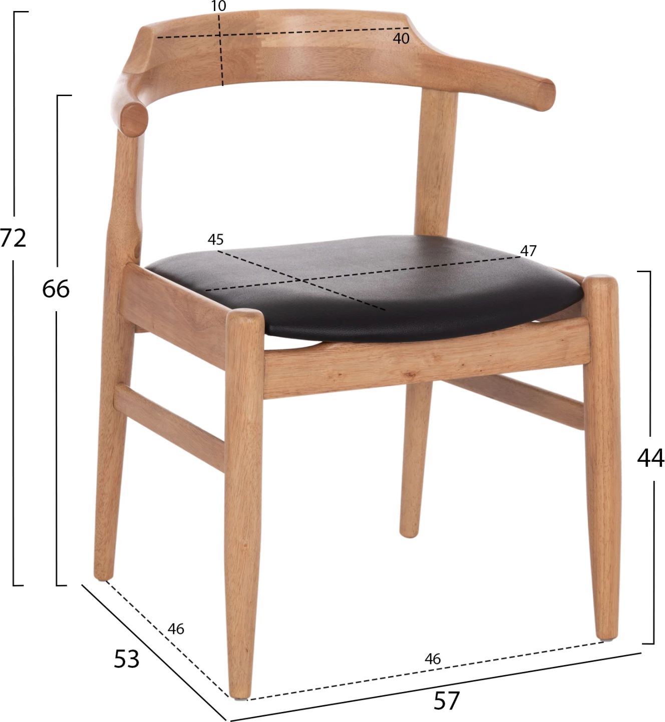 Karrige ngrënieje CERSEI, dru kauçuku, ngjyrë lisi e çelët & ulëse PU e zezë, 57x53x72cm, set prej 2 copash