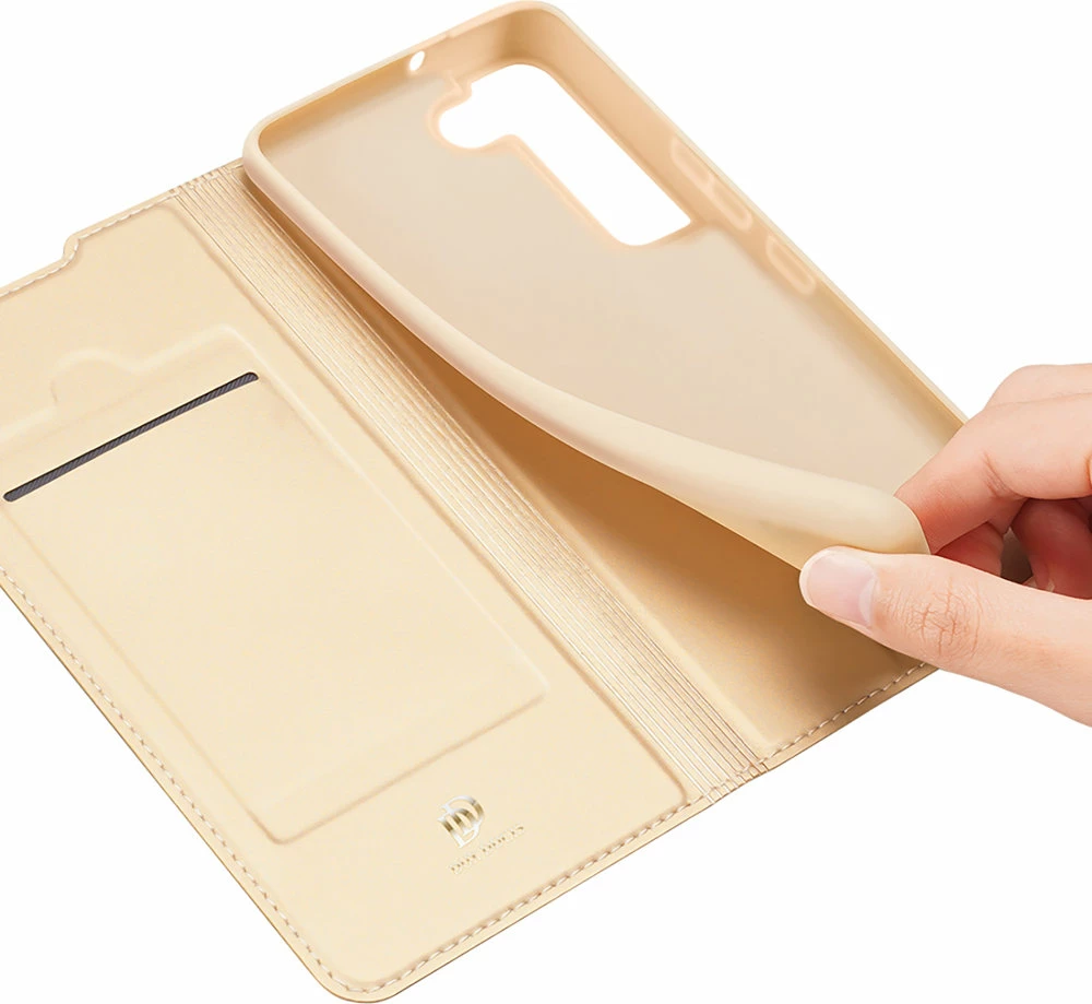 Mbështjellës Dux Ducis Skin Pro për Samsung Galaxy S22+, lëkurë ekologjike, me xhep, me qëndrim, ari