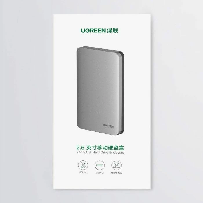 Kasë UGREEN 70499 për HDD/SSD 2.5" SATA, USB-C 3.1 Gen2, UASP, deri 6TB, argjend, me kuti