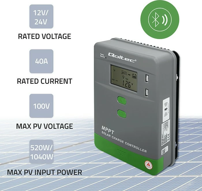 Kontrollues karikimi diellor MPPT, Qoltec 53663, 40A 12V/24V, LCD, 2xUSB, Bluetooth, sensor temperature, APP, për GEL dhe LiFePO4, gri/jeshile