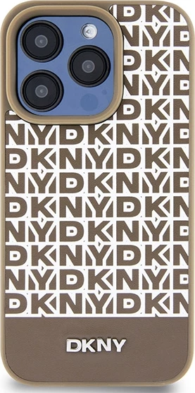 Mbështjellës DKNY Leather Printed Pattern Metal Logo MagSafe për iPhone 15 Pro Max, Kafe