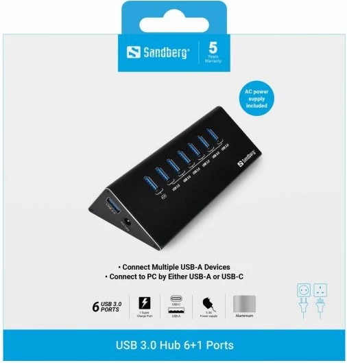 USB 3.0 hub, Sandberg 133-82, 7 porta (6+1), 2.4A charging, me adapter 12V/3A, i zi