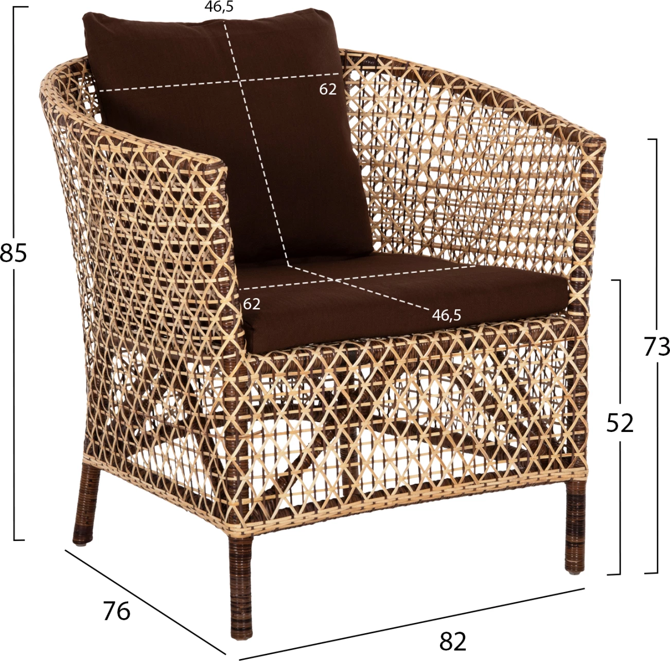 Karrige për jashtë, rattan natyral, jastëk kafe, 82x76x85H cm.