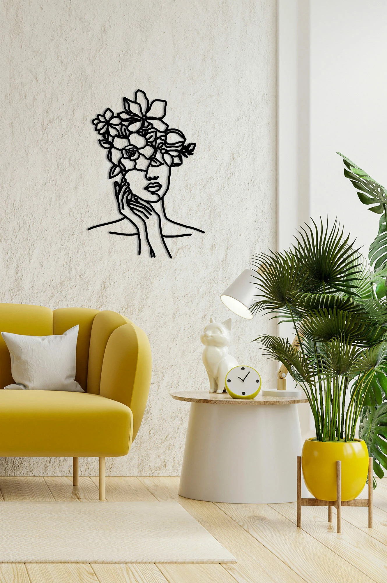 Aksesor dekorativ metalik për mur, Wallity, grua me lule, ngjyrë e zezë, 30x30cm