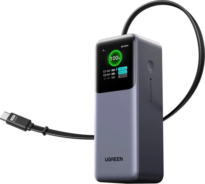 Powerbank UGREEN 55987B 20000mAh 165W me ekran TFT dhe kabllo USB-C të integrume, gri
