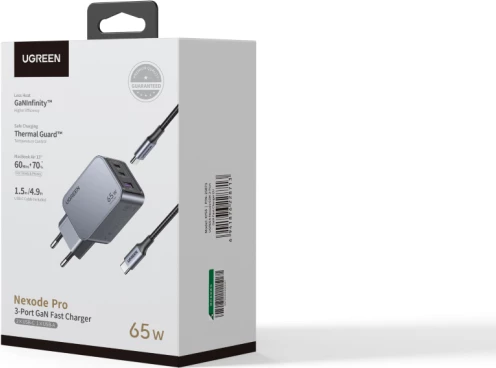 Karikues USB-C/USB-A UGREEN Nexode Pro 65W, 3-port, me kabllo USB-C 100W 1.5m, gri