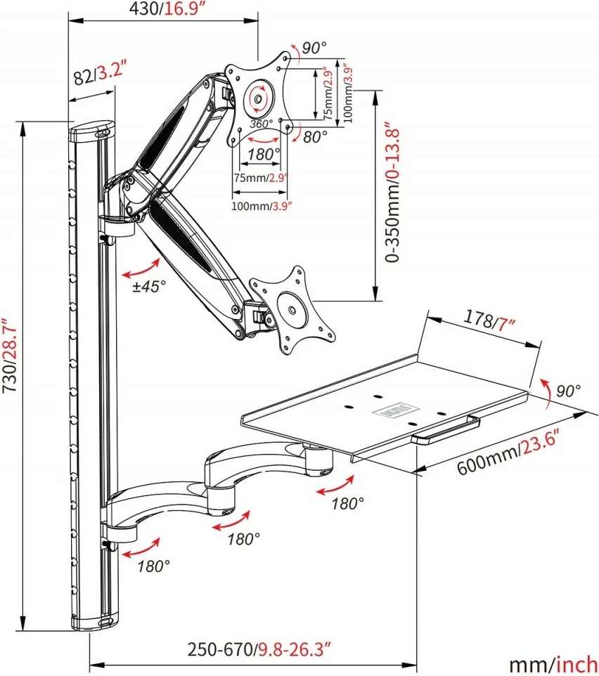Mbajtëse muri Digitus DA-90451 për monitor 32" dhe tastierë/maus, alumini/çelik, e zezë/e bardhë