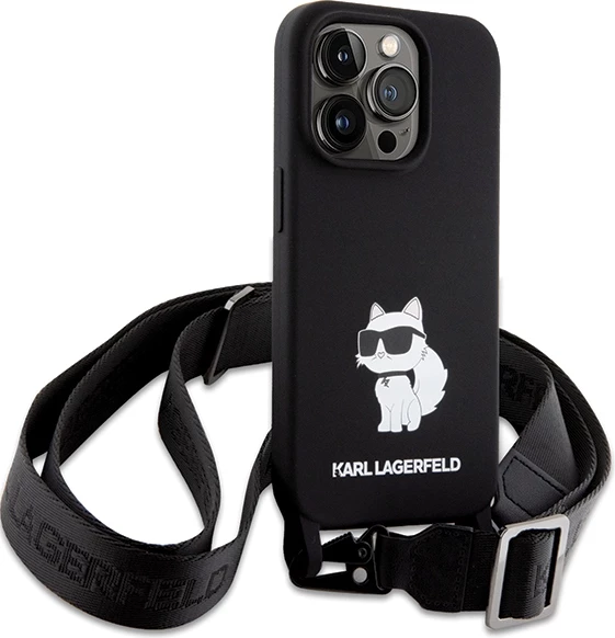 Mbështjellës Karl Lagerfeld Crossbody Silicone Choupette për iPhone 15 Pro Max, i zi, me rrip
