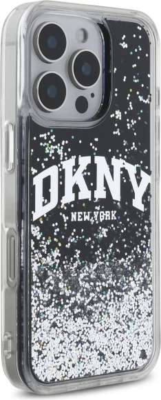 Mbështjellës DKNY DKHCP16LLBNAEK për iPhone 16 Pro 6.3", hardcase, Liquid Glitter Arch Logo, zi