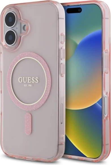 Mbështjellës Guess GUHMP16SHFGEREP për iPhone 16 6.1", hardcase, MagSafe, rozë