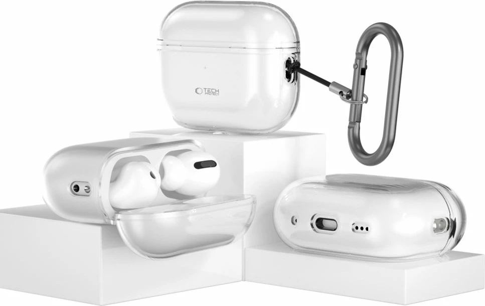 Mbështjellës Tech-Protect FlexAir për AirPods Pro/Pro 2, Transparent, me karabiner