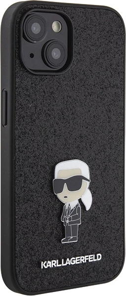 Mbështjellës Karl Lagerfeld Glitter Ikonik Logo Metal për iPhone 15, i zi