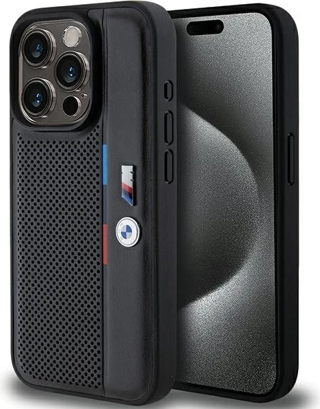 Mbështjellës BMW Perforated Tricolor Line për iPhone 15 Pro, i zi