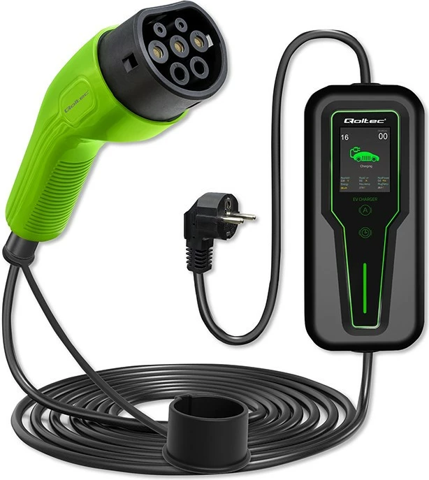 Karikues portativ për vetura elektrike Qoltec 52465, Type 2, 3.5kW, 5m, i zi/gjelbër