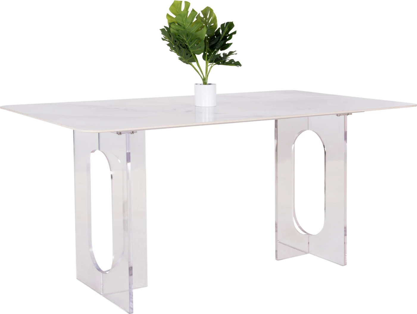 Tavolinë ngrënieje AETHER, FH9769.01, sipërfaqe qeramike e bardhë 12mm, këmbë akrilike, 160x90x75H cm