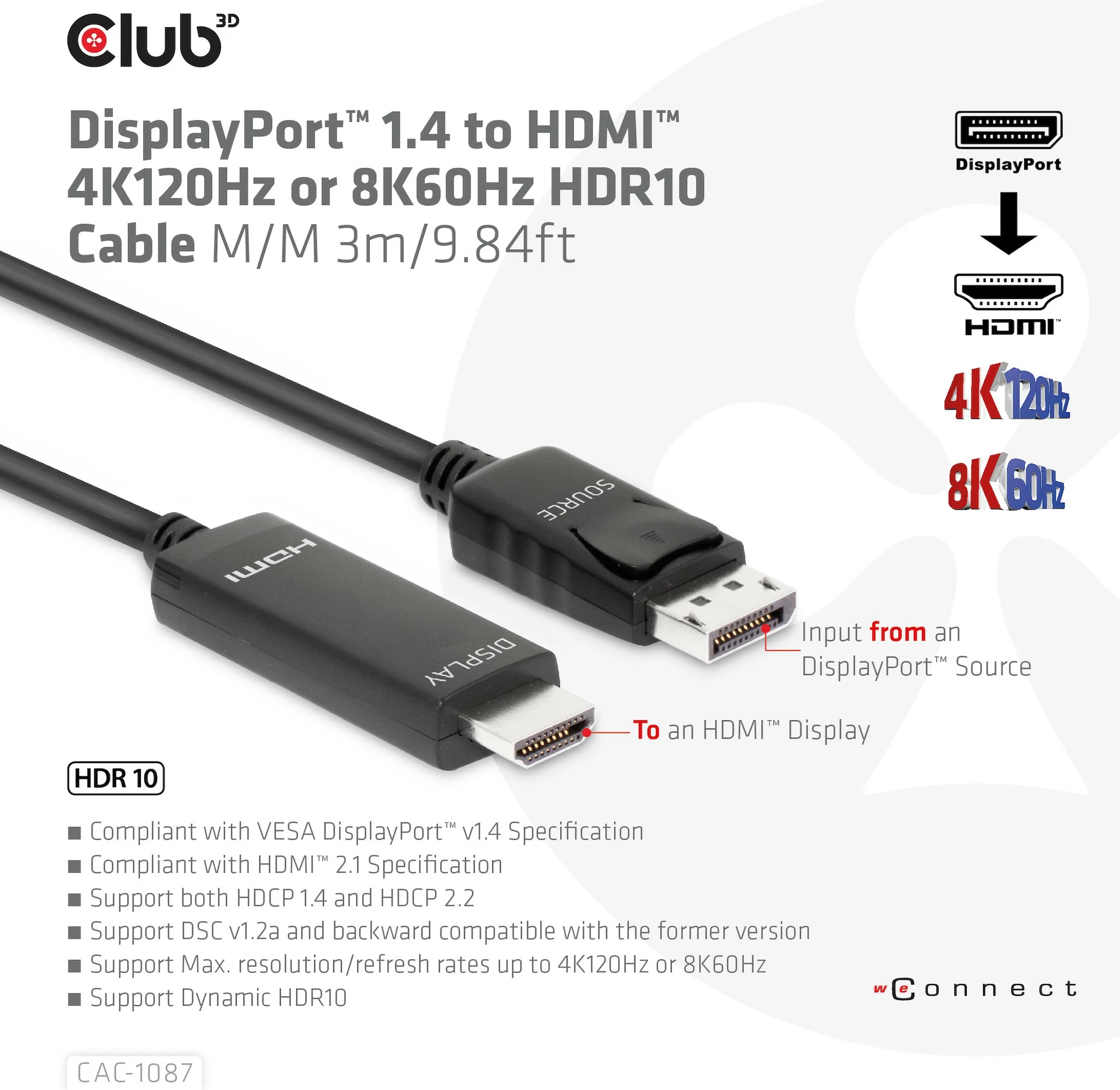 Kabllo DisplayPort në HDMI Club3D 3m, HDR10, 8K, e zezë