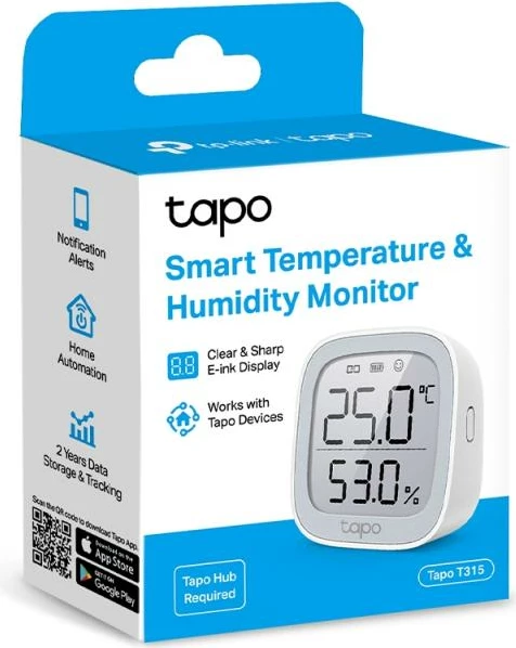 Monitor i mençur temperaturë dhe lagështie, TP-Link Tapo T315, ekran 2.7" E-Ink, saktësi ±0.3°C/±3%RH, 2x AAA, e bardhë