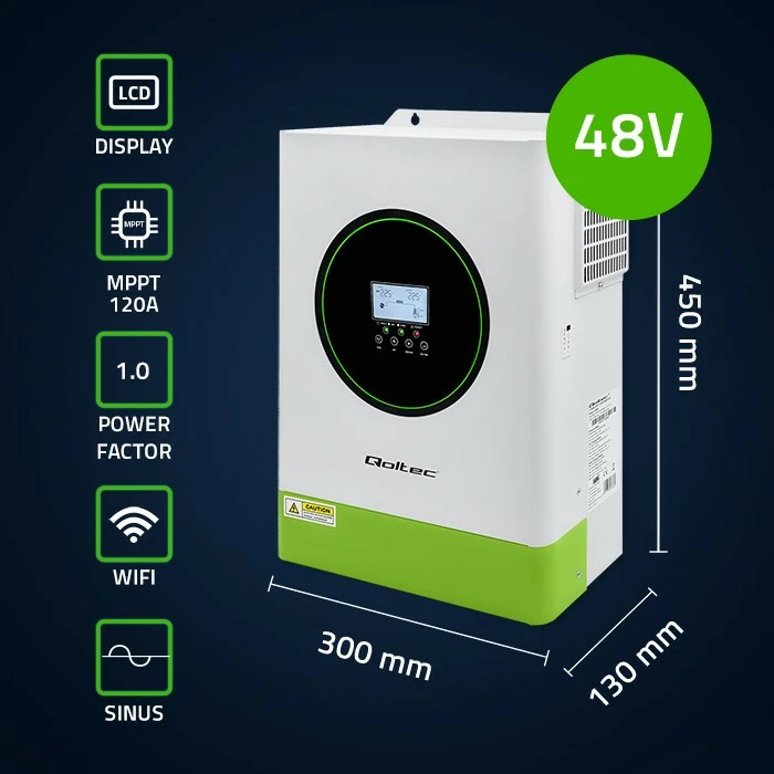 Inverter solar hibrid Qoltec 53866, 6200W, 120A, 48V, MPPT, BMS, Sinus, Wi-Fi, Bardhë/Jeshil