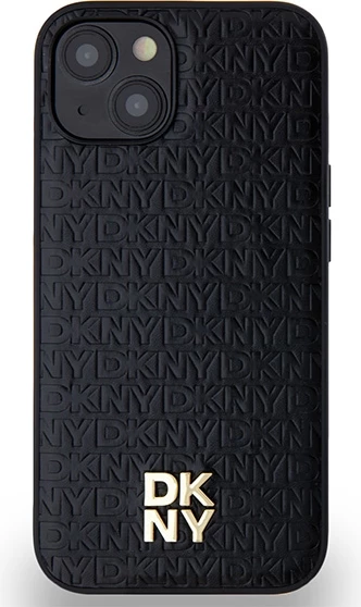 Mbështjellës DKNY Leather Monogram Pattern Metal Logo MagSafe për iPhone 15/14/13, e zezë