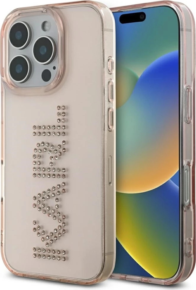 Mbështjellës Karl Lagerfeld IML Rhinestones Logo për iPhone 16 Pro Max, Rozë
